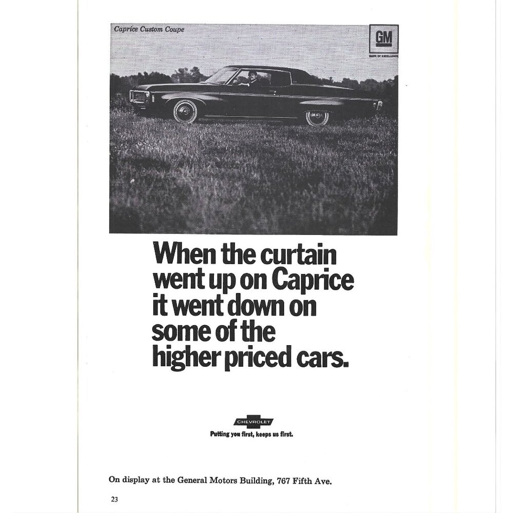 Chevrolet Caprice Custom Coupe GM Car 1960s Vintage Print Ad 9 inch